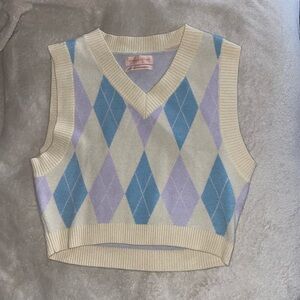 Urban Outfitters Cream and Blue Argyle V-Neck Sweater Vest